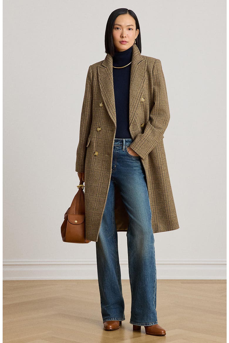 Double Breasted Wool Blend Coat, Alternate, color, HAZEL PLAID