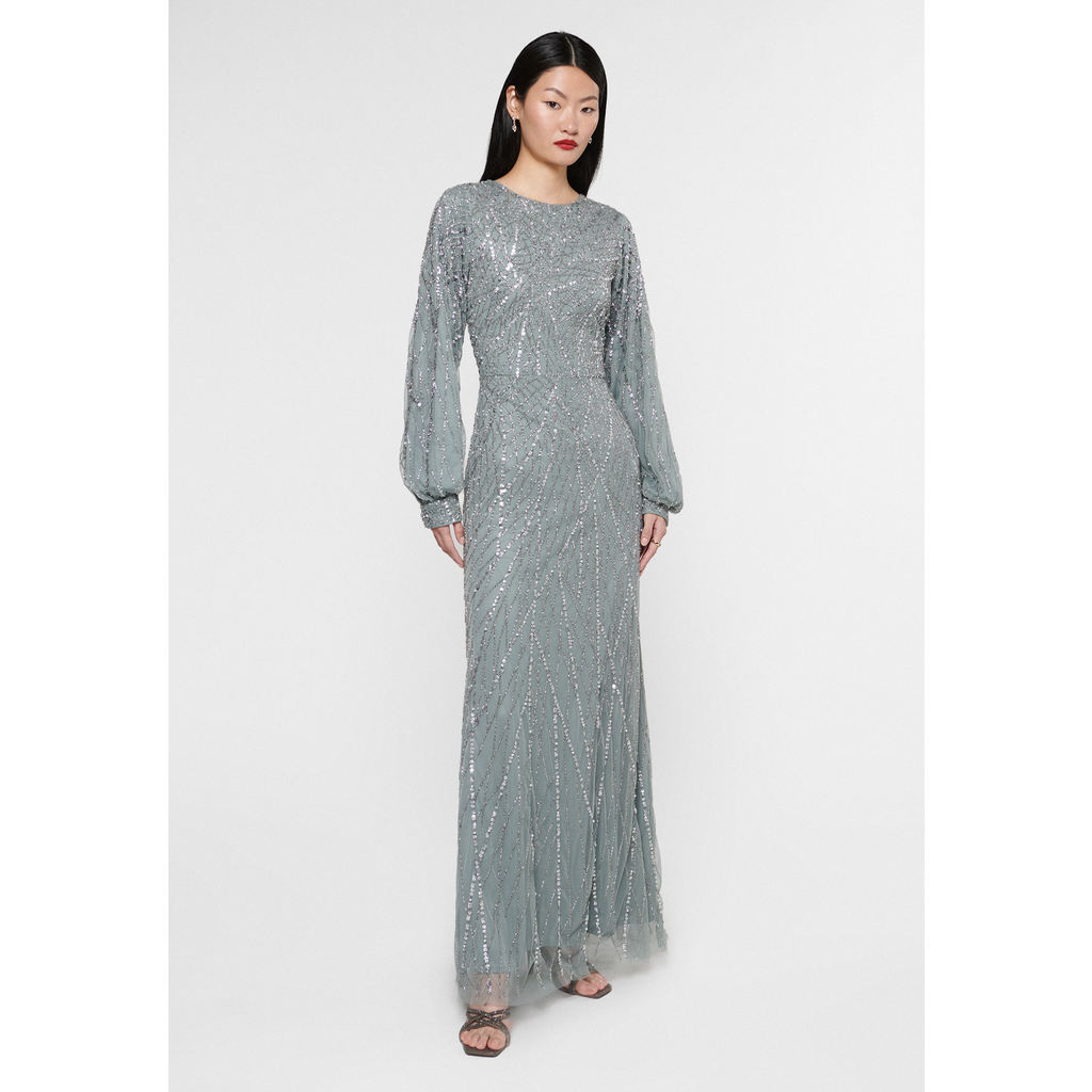 Maryisa Embellished Sequin Beaded Boat Neck Maxi In Misty Grey