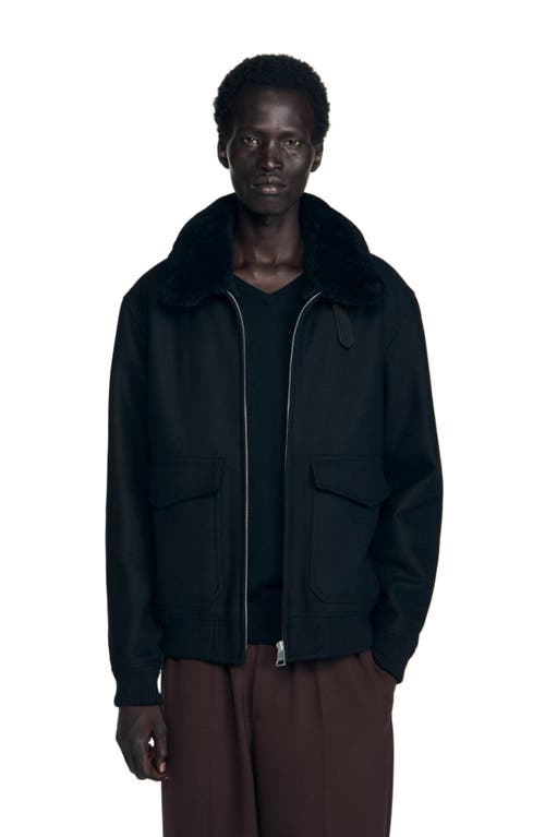 Sandro Mens Black Shearling-collar Wool-blend Aviator Jacket In Black
