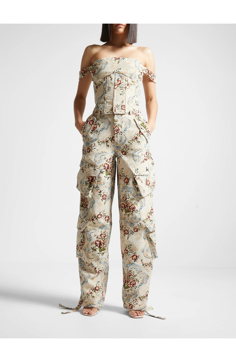 Manière De Voir Anne Floral Jacquard High Waisted Cargo Pants, Alternate, color, Beige