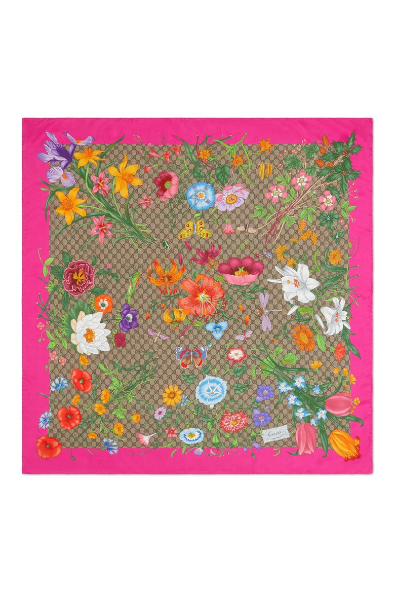 Big Flora Fluorescent Silk Scarf, Main, color, BEIGE/ PINK