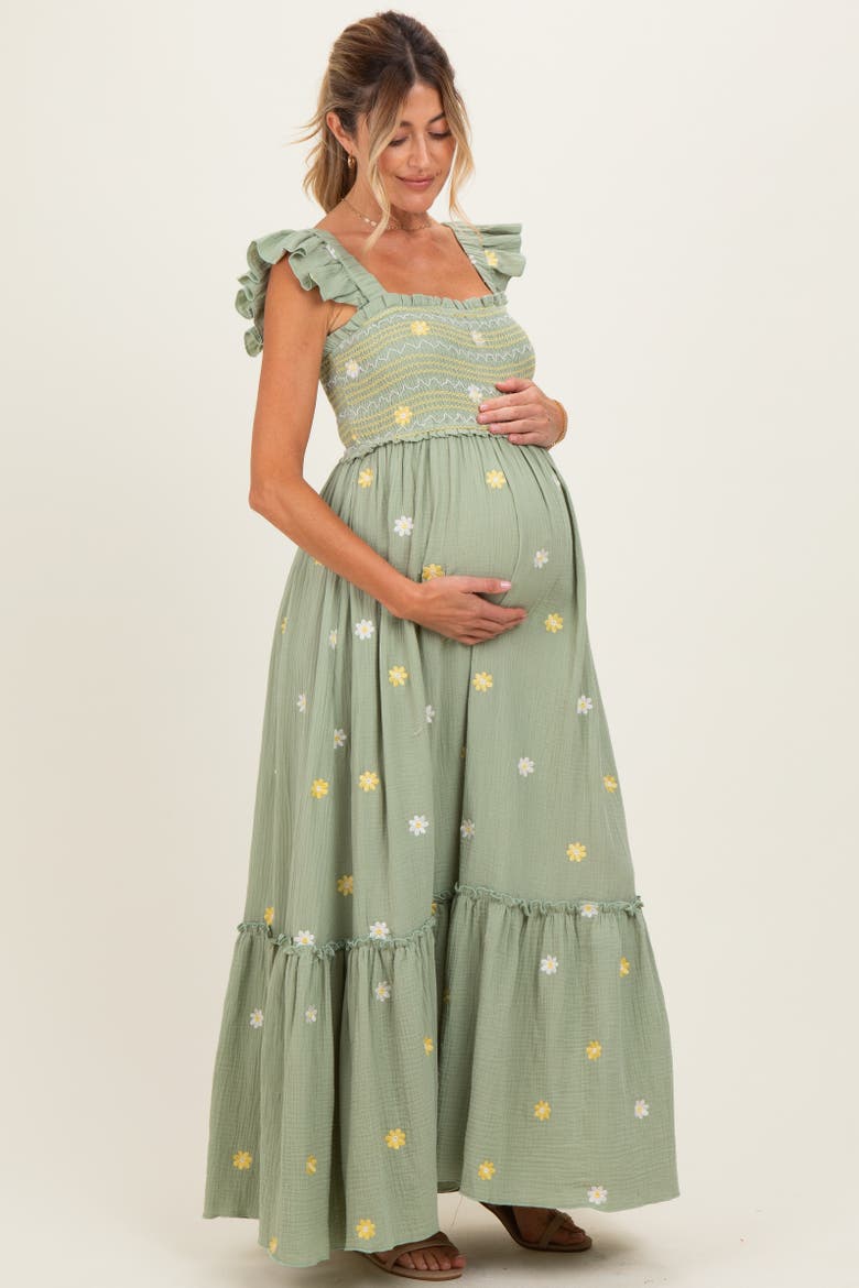Floral Embroidered Smocked Maxi Dress, Alternate, color, Light Olive
