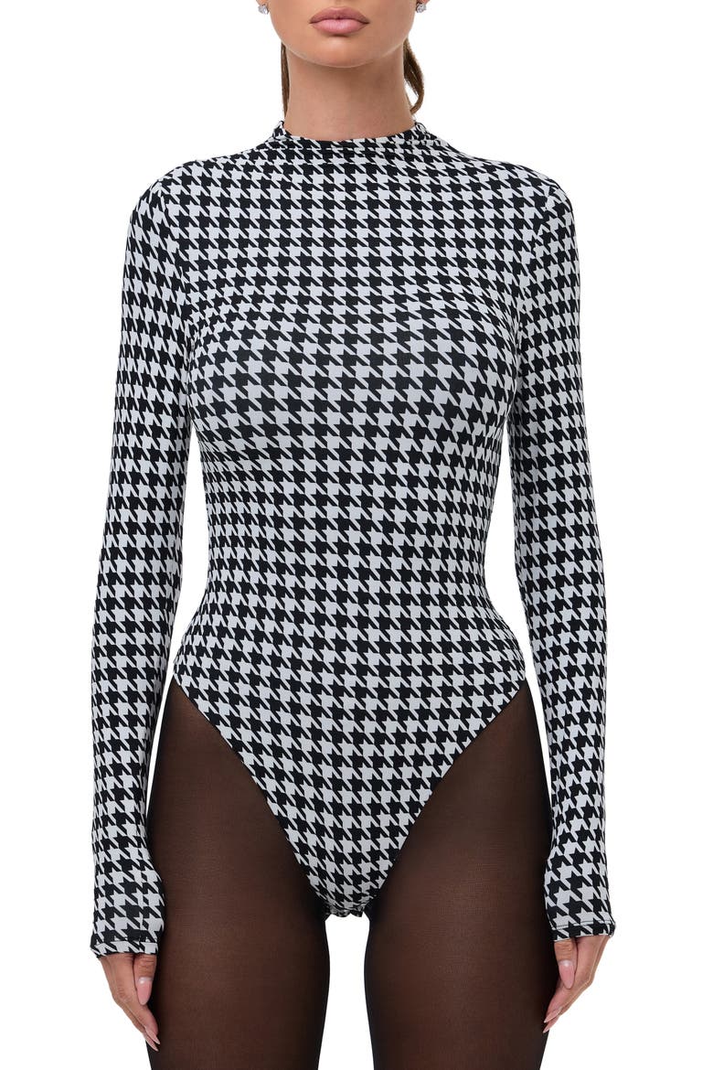 Naked Snakeskin Print Long Sleeve Bodysuit, Main, color, HOUNDSTOOTH BLACK/ WHITE