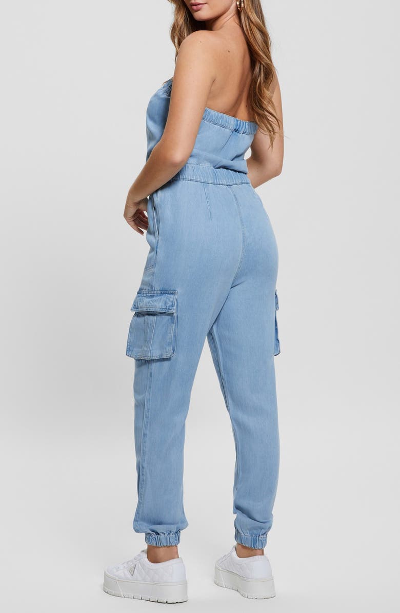 GUESS Lucia Strapless Denim Cargo Jumpsuit, Alternate, color,