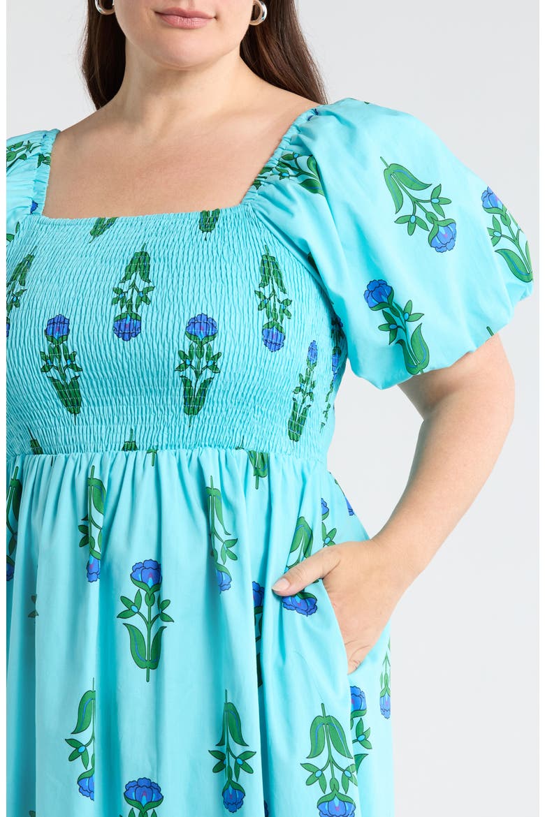 Maray Floral Smocked Midi Dress, Alternate, color, BLUE GREEN MULTI