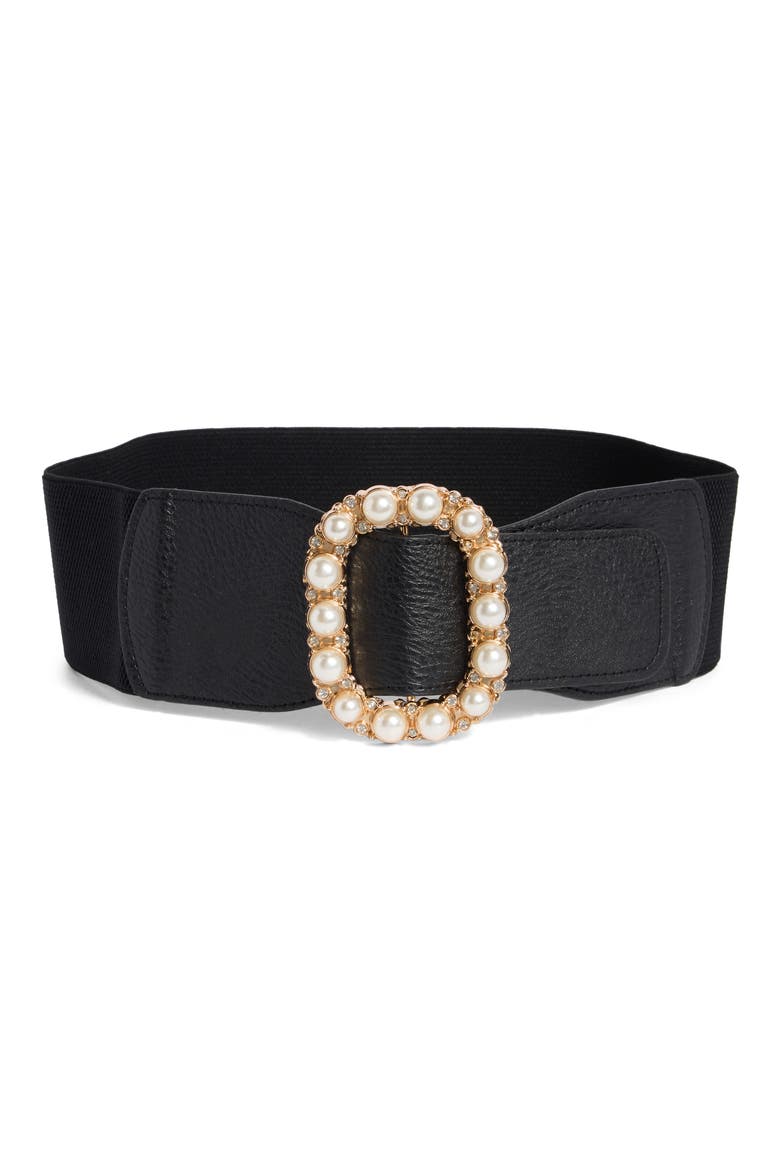 Carina Faux Pearl Buckle Stretch Belt, Main, color, BLACK