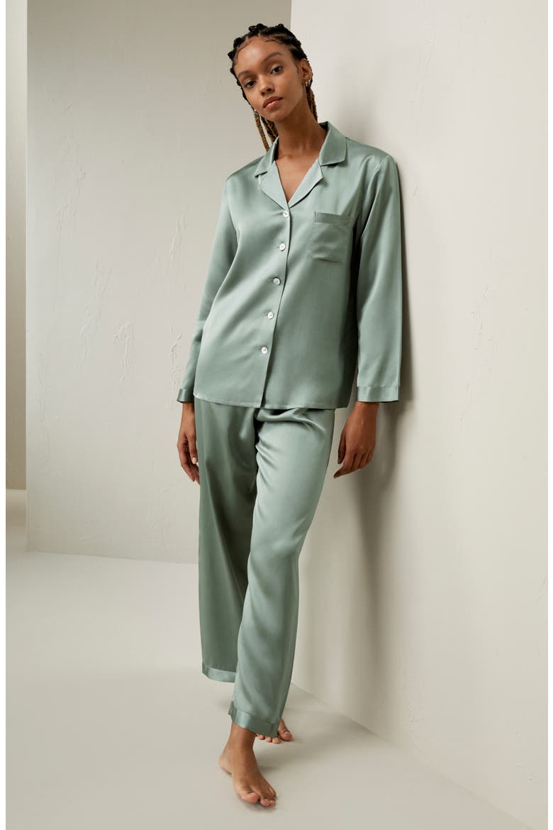 Women's Full Length Silk Pajamas Set, Alternate, color, Avocado Green