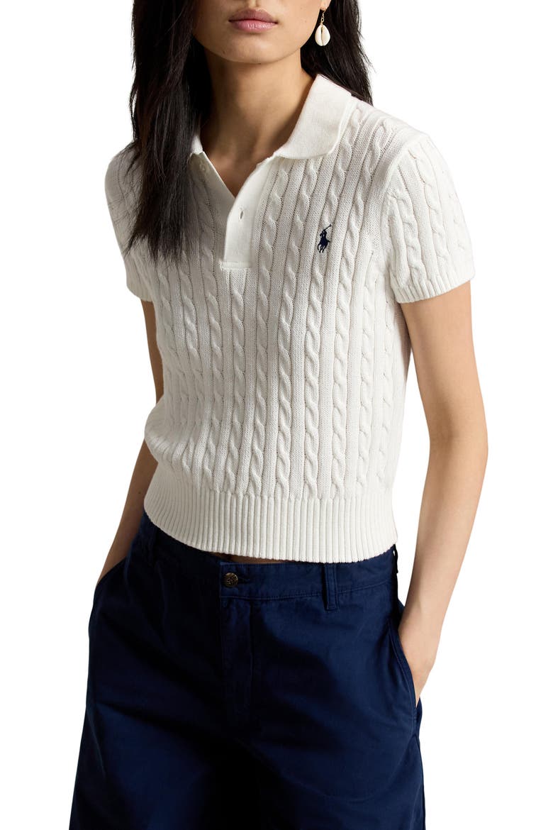 Cable Knit Crop Cotton Polo Sweater, Main, color, WHITE