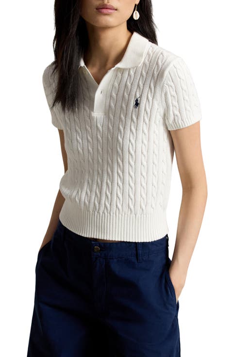 Cable Knit Crop Cotton Polo Sweater