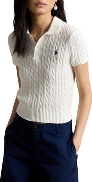 Polo Ralph Lauren Cable Knit Crop Cotton Polo Sweater