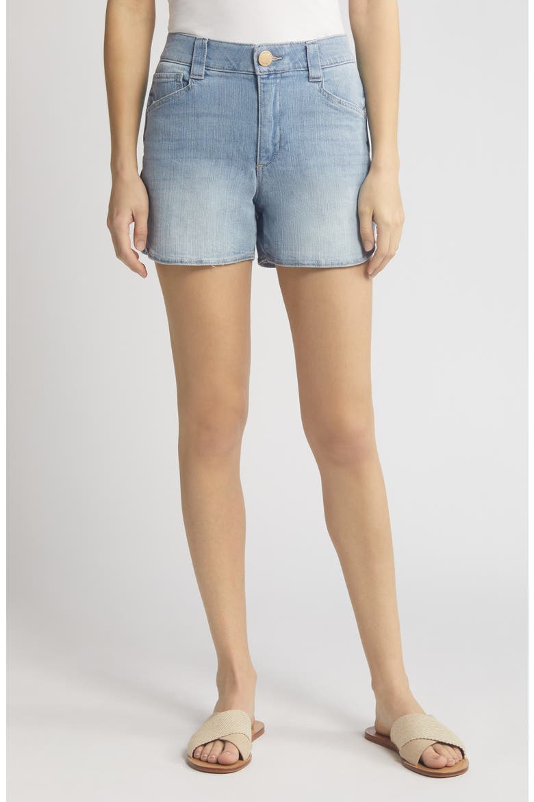 'Ab'Solution Skyrise Tulip Hem Denim Shorts, Main, color, POWDER BLUE ARTISANAL