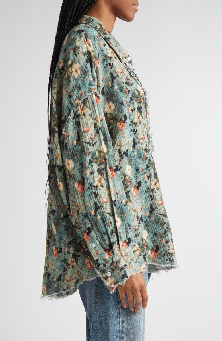 R13 Shredded Seam Ruffle Button-Up Shirt, Alternate, color, Turquoise Floral
