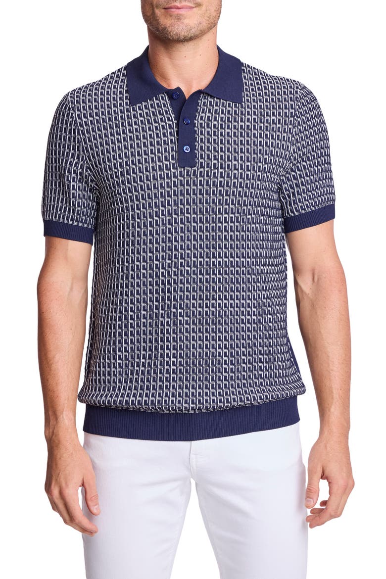 Trim Fit Geometric Knit Polo, Main, color, CRISP NAVY & WHITE