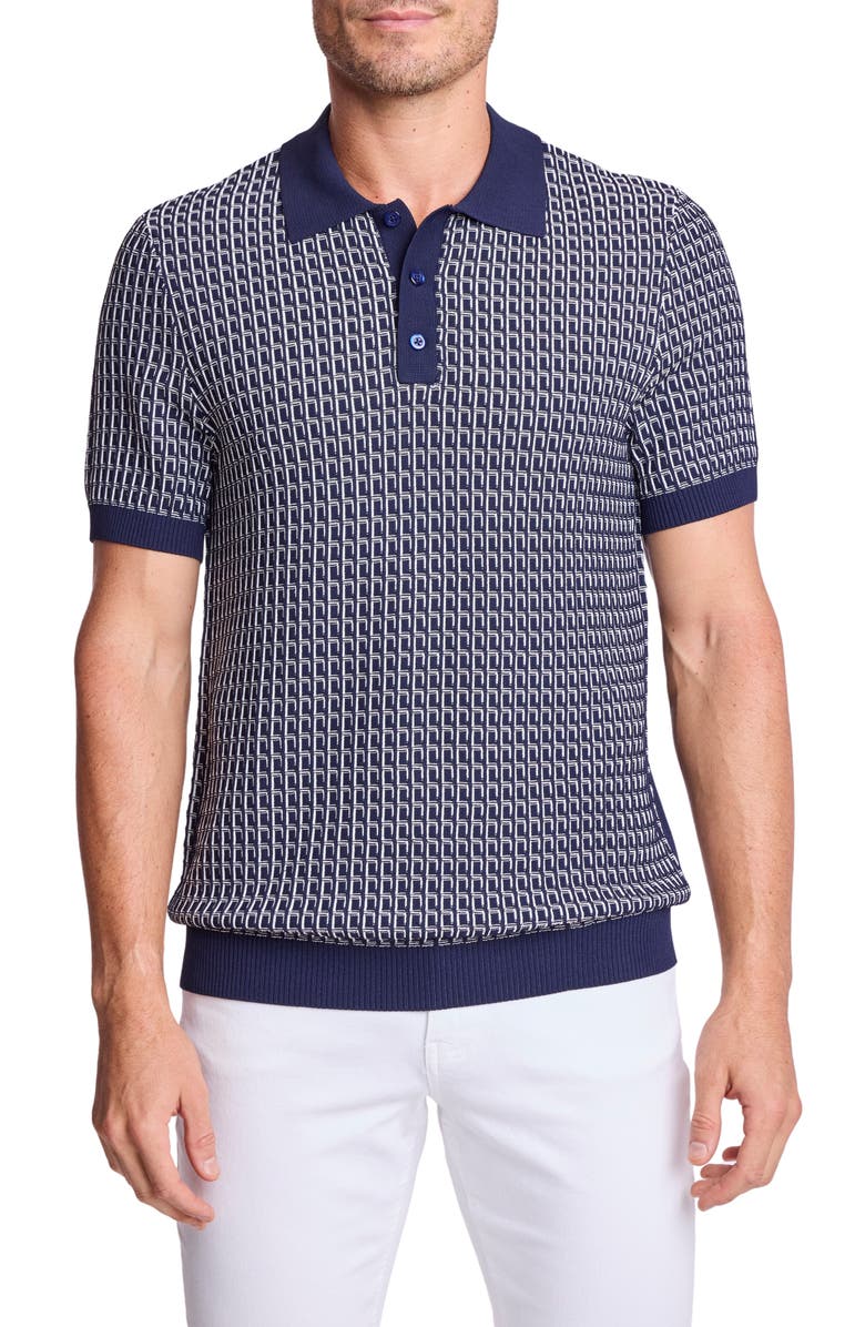 PAISLEY & GRAY Trim Fit Geometric Knit Polo, Main, color, Crisp Navy & White