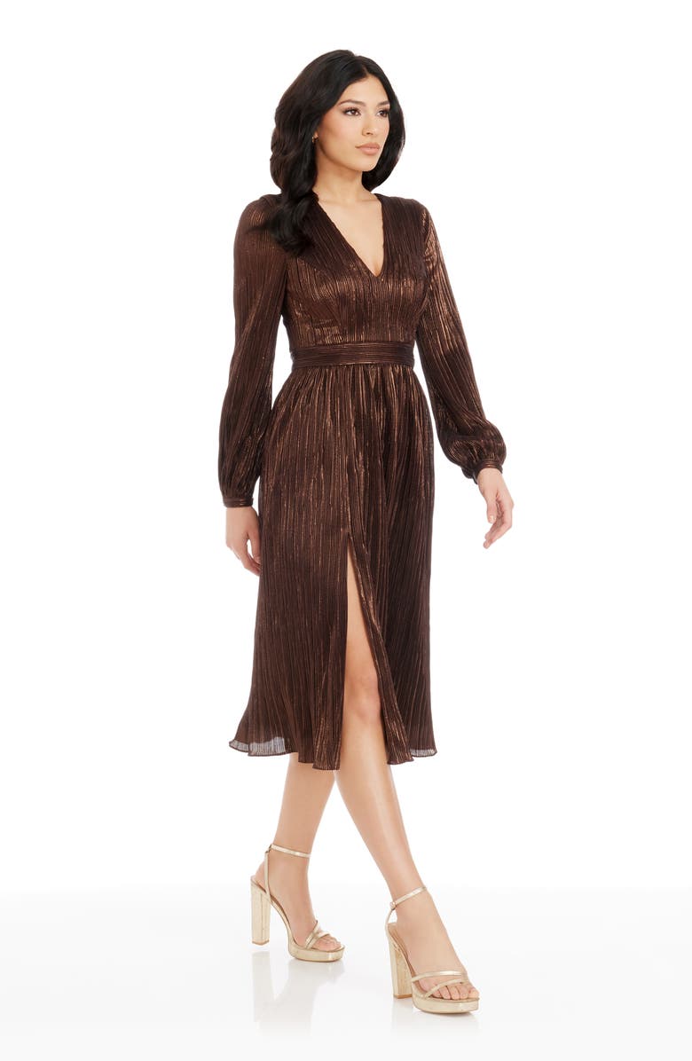 Dress the Population Holly Long Sleeve Metallic Plissé Dress, Alternate, color, Mocha