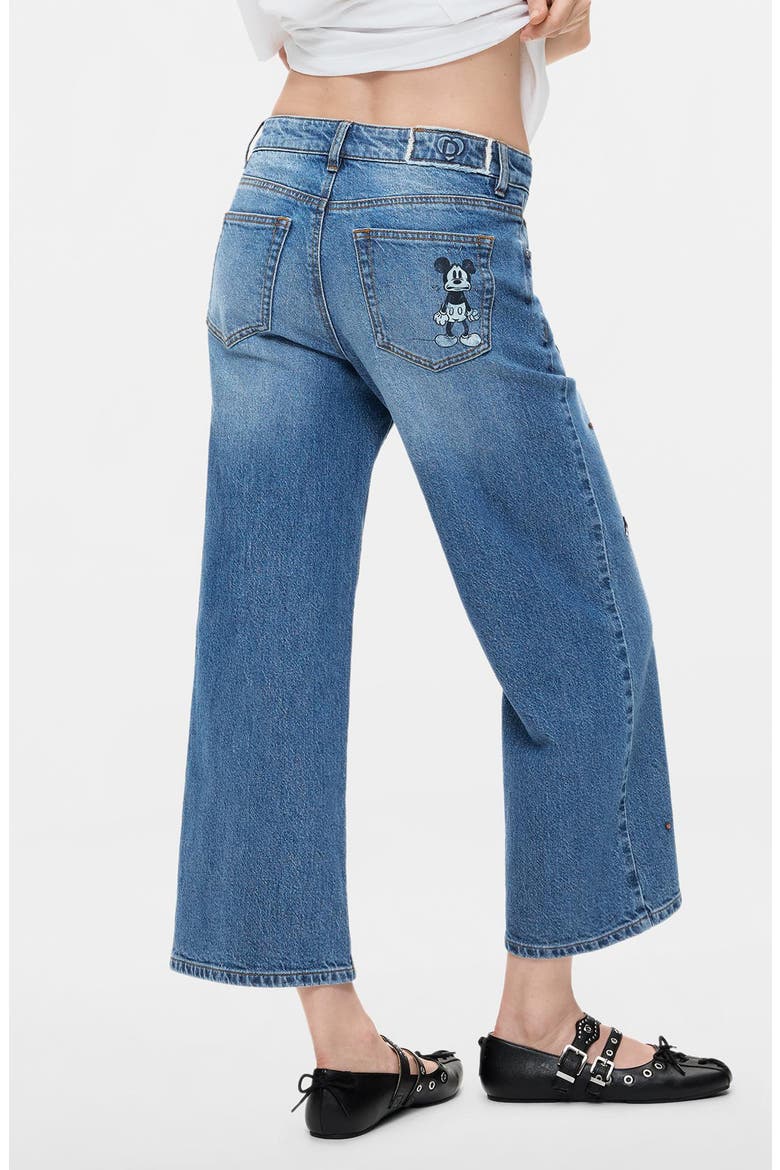 Mickey Mouse Embroidered High Waist Wide Leg Jeans, Alternate, color, LIGHT BLUE