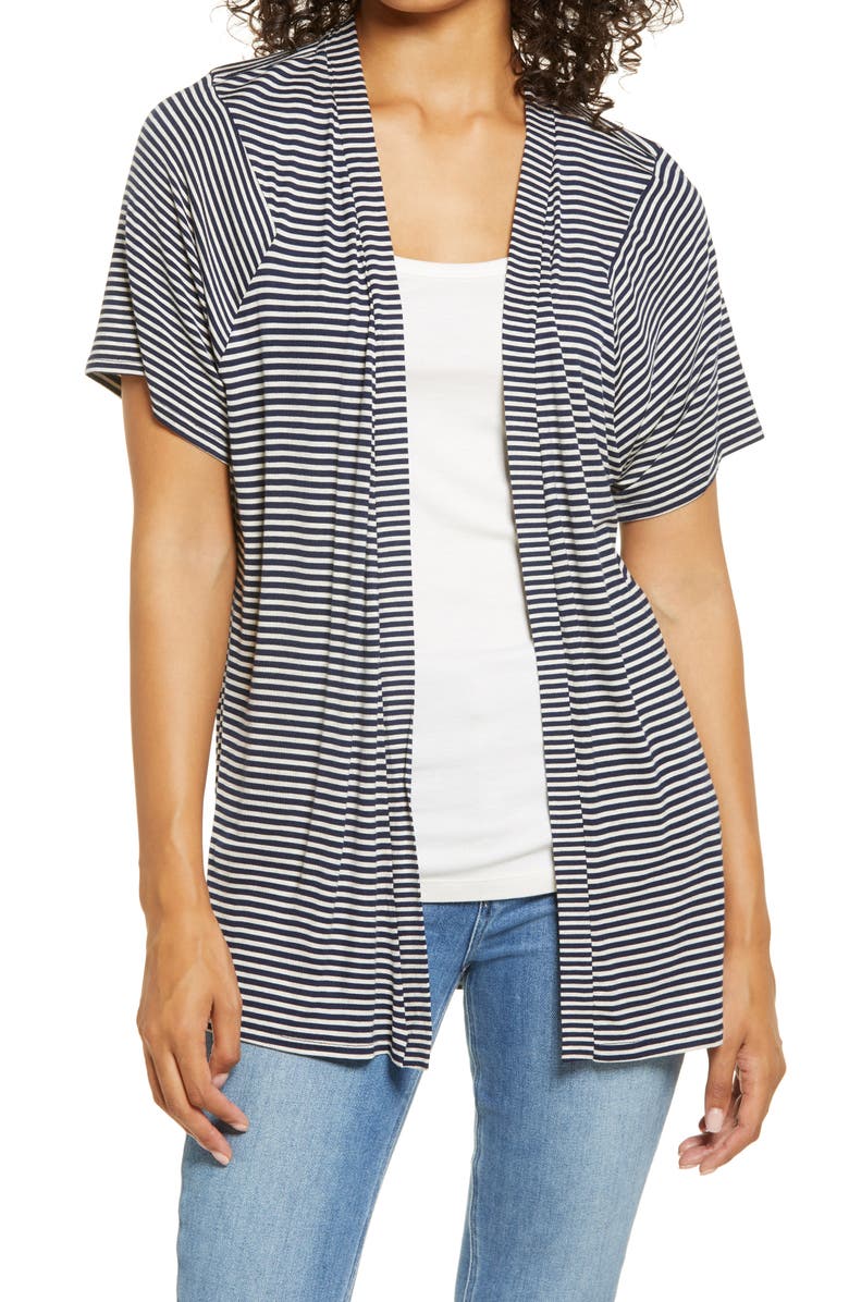 Bobeau Stripe Open Front Cardigan, Main, color,