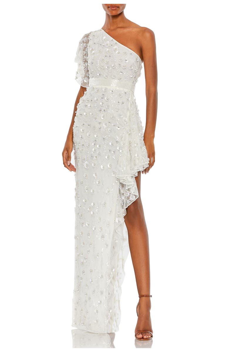 Mac Duggal One-Shoulder Beaded 3D Embellishments Gown, Main, color, White