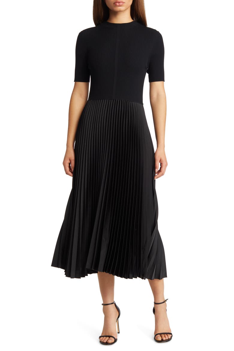 Fadrid Ribbed Pleated A-Line Dress, Main, color, BLACK