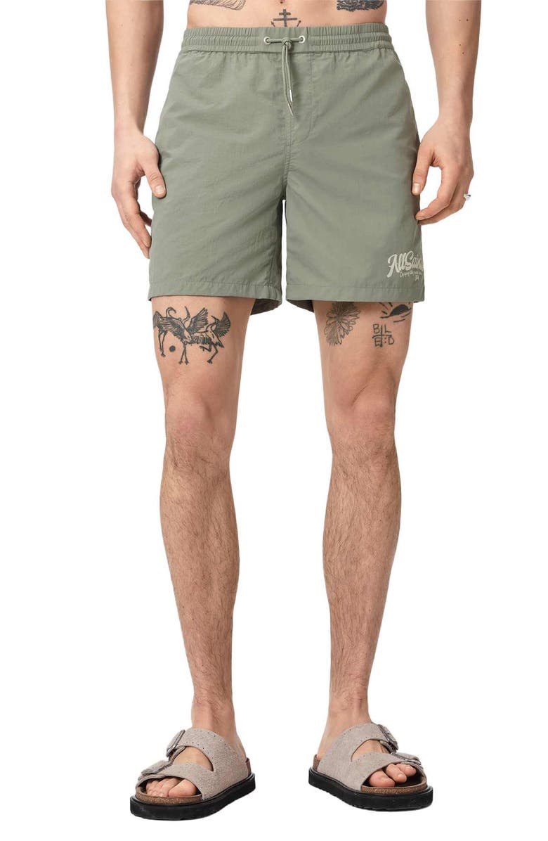 AllSaints Odyssey Logo Swim Trunks, Main, color, Spring Green