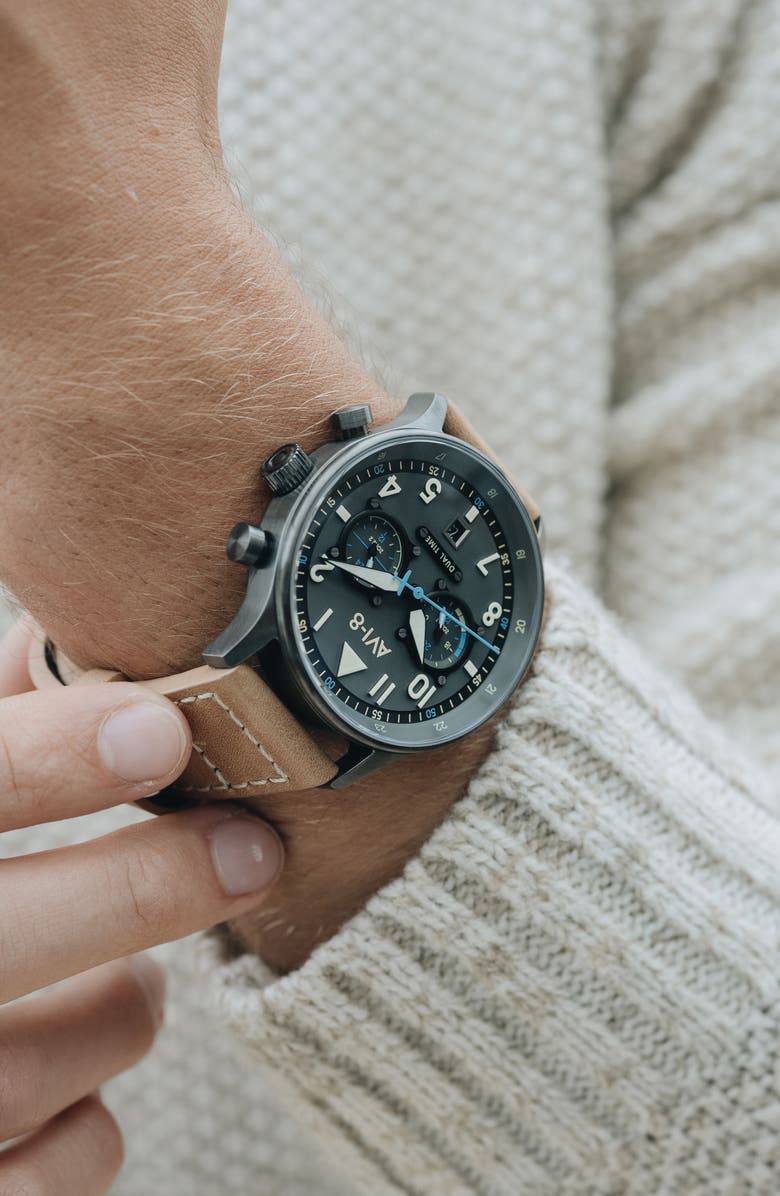 AVI-8 Hawker Hurricane Carey Chronograph Leather Strap Watch, 44mm, Alternate, color, Grey