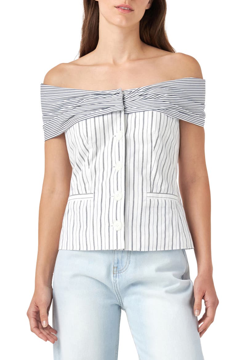 Stripe Off the Shoulder Blouse, Main, color, WHITE/ NAVY
