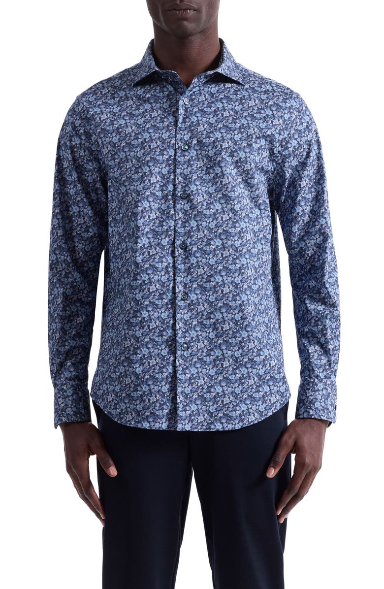 Bugatchi Axel Trim Fit Floral Stretch Cotton Button-Up Shirt, Main, color, Cobalt