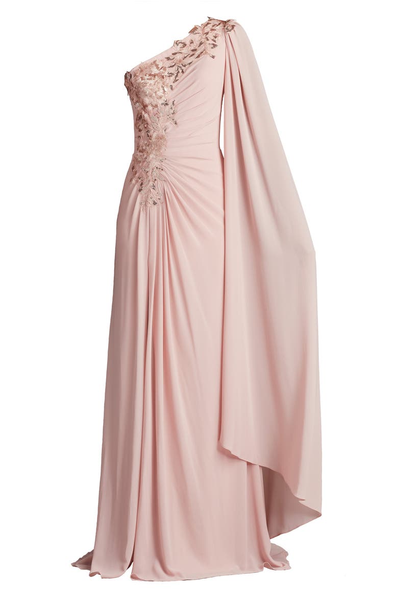 Sequin Leaf Detail One-Shoulder Chiffon Gown, Alternate, color, ADOBE BLUSH