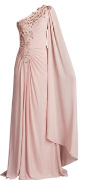 Tadashi Shoji Sequin Leaf Detail One-Shoulder Chiffon Gown