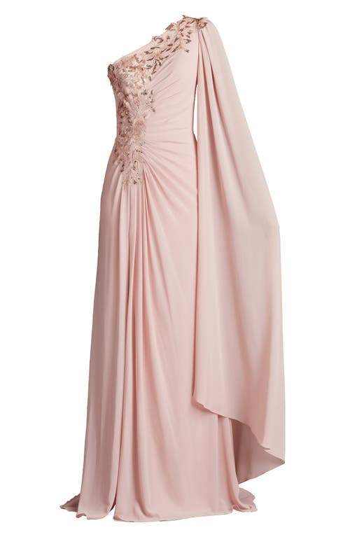 Tadashi Shoji Sequin Leaf Detail One-shoulder Chiffon Gown In Adobe Blush