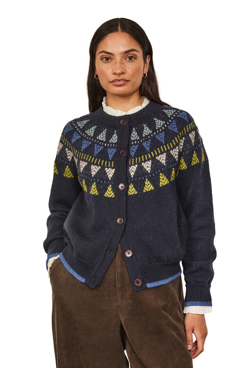 British Wool Geo Fair Isle Yoke Cardigan, Main, color, Navy