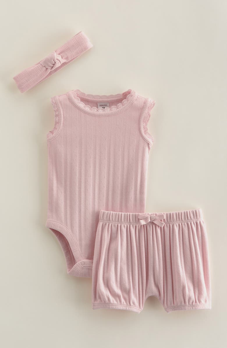 Nordstrom Pointelle Bodysuit, Shorts & Headband Set, Main, color, Pink Lotus
