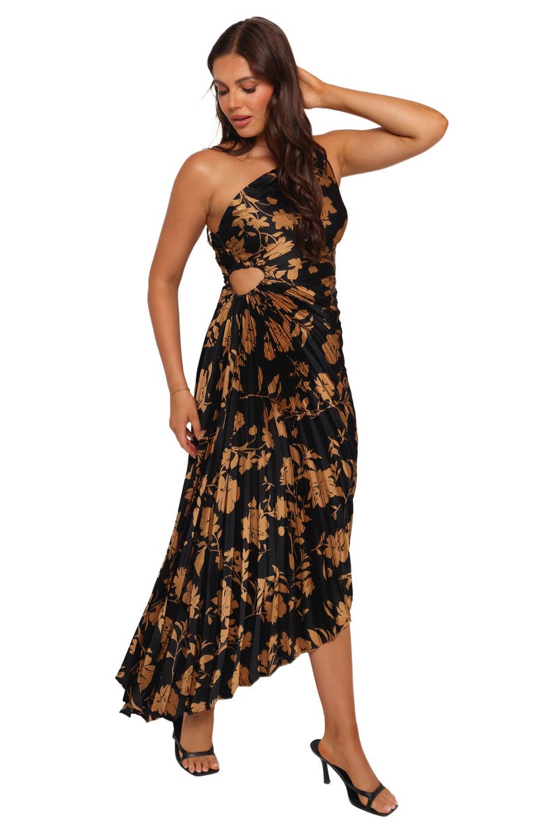 Petal & Pup Kleo Floral Pleated One-Shoulder Satin Dress, Alternate, color, Black/ Gold