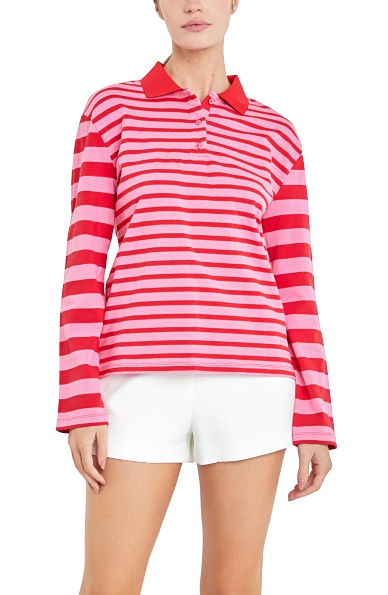 English Factory Stripe Long Sleeve Polo, Alternate, color, Pink/ Red