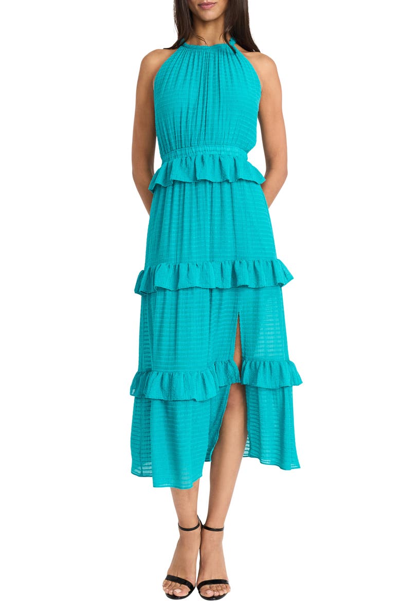 DONNA MORGAN FOR MAGGY Halter Neck Ruffle Tiered Midi Dress, Main, color, 