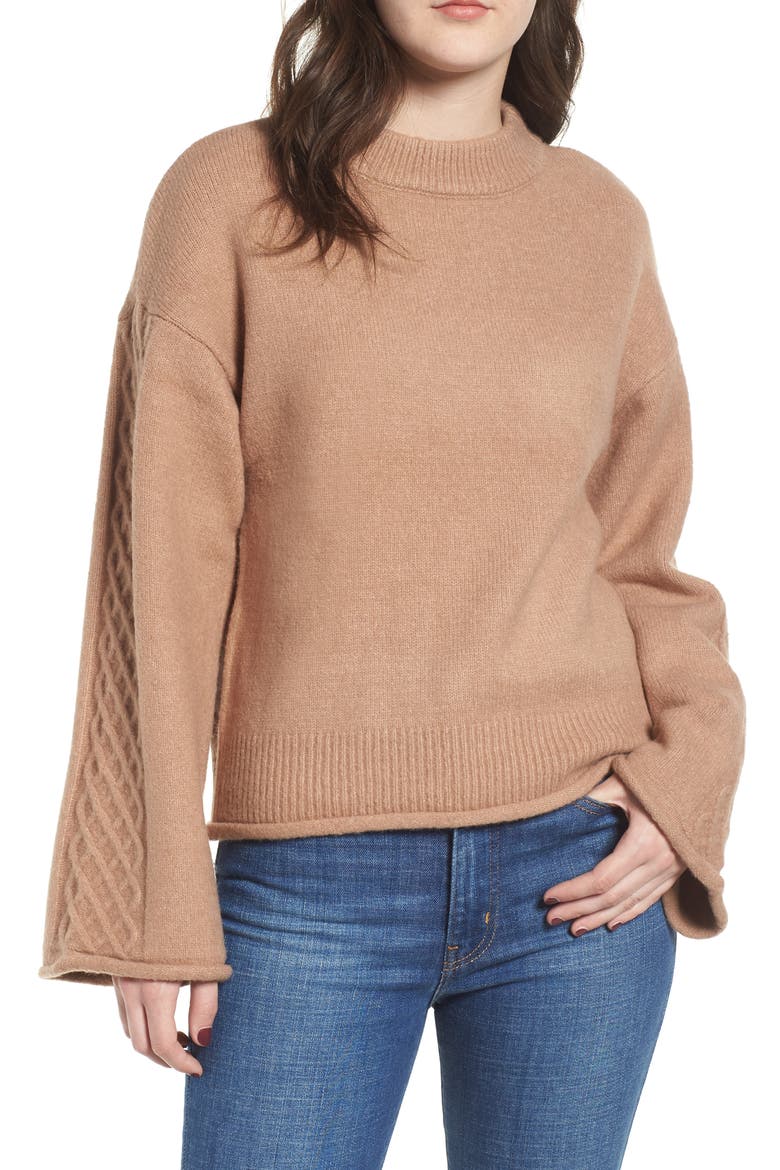 Lattice Sleeve Sweater, Main, color, NATURAL/ WHITE