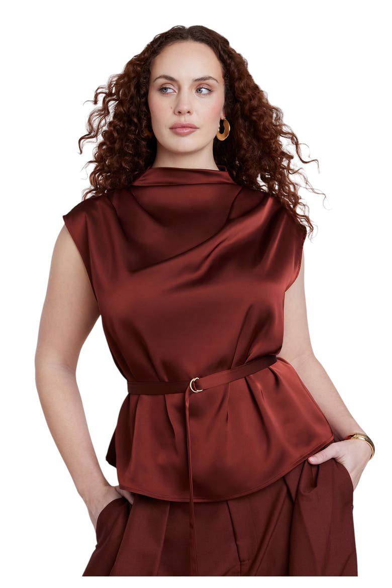 Satin Cowl Neck Belted Top, Main, color, FIRED BRICK