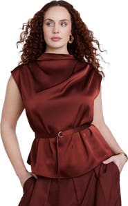 ELOQUII Satin Cowl Neck Belted Top