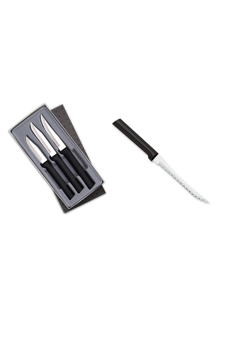 3 Piece Paring Knives Galore Set & 5-Inch Tomato Slicer Stainless Steel Serrated Blade, Main, color, Black