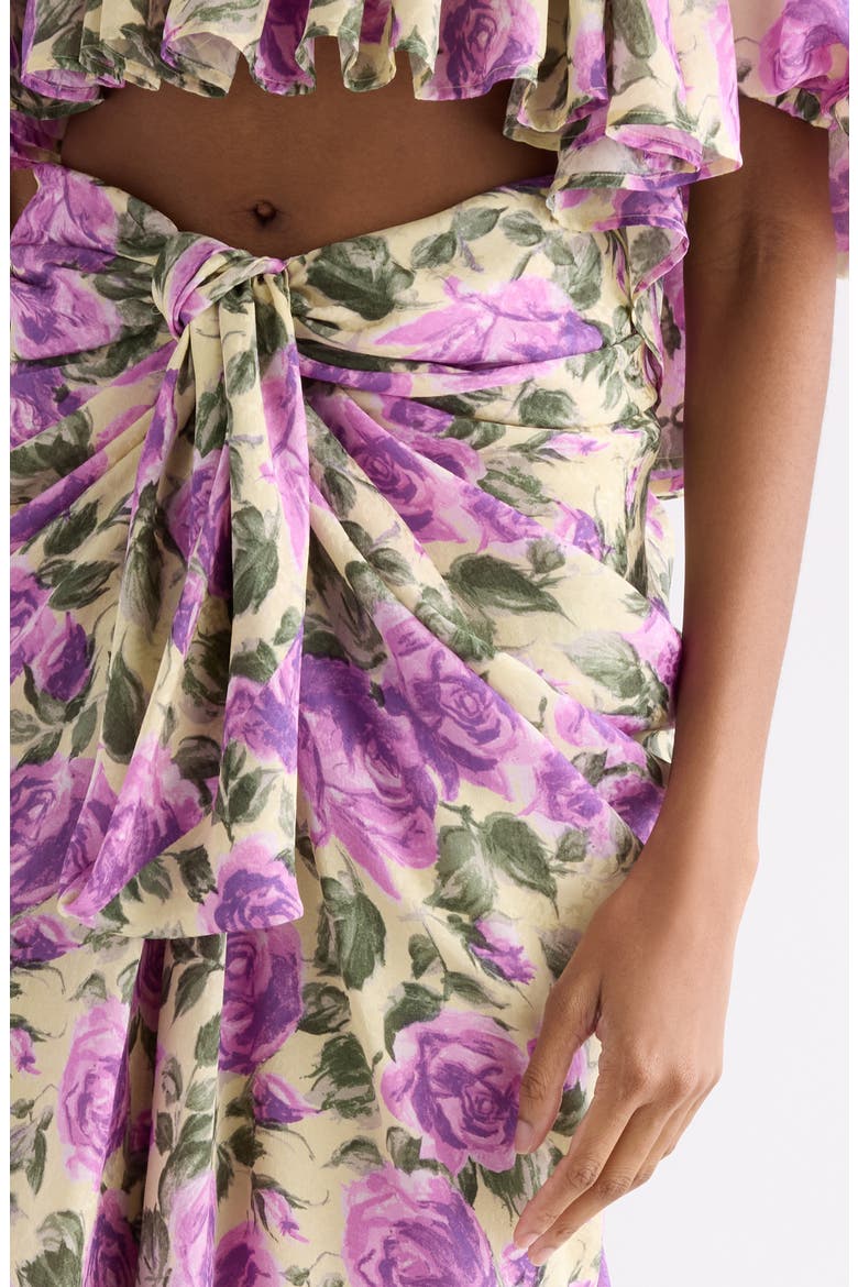 Rose Print Gathered Silk Satin Skirt, Alternate, color, YELLOW - PURPLE