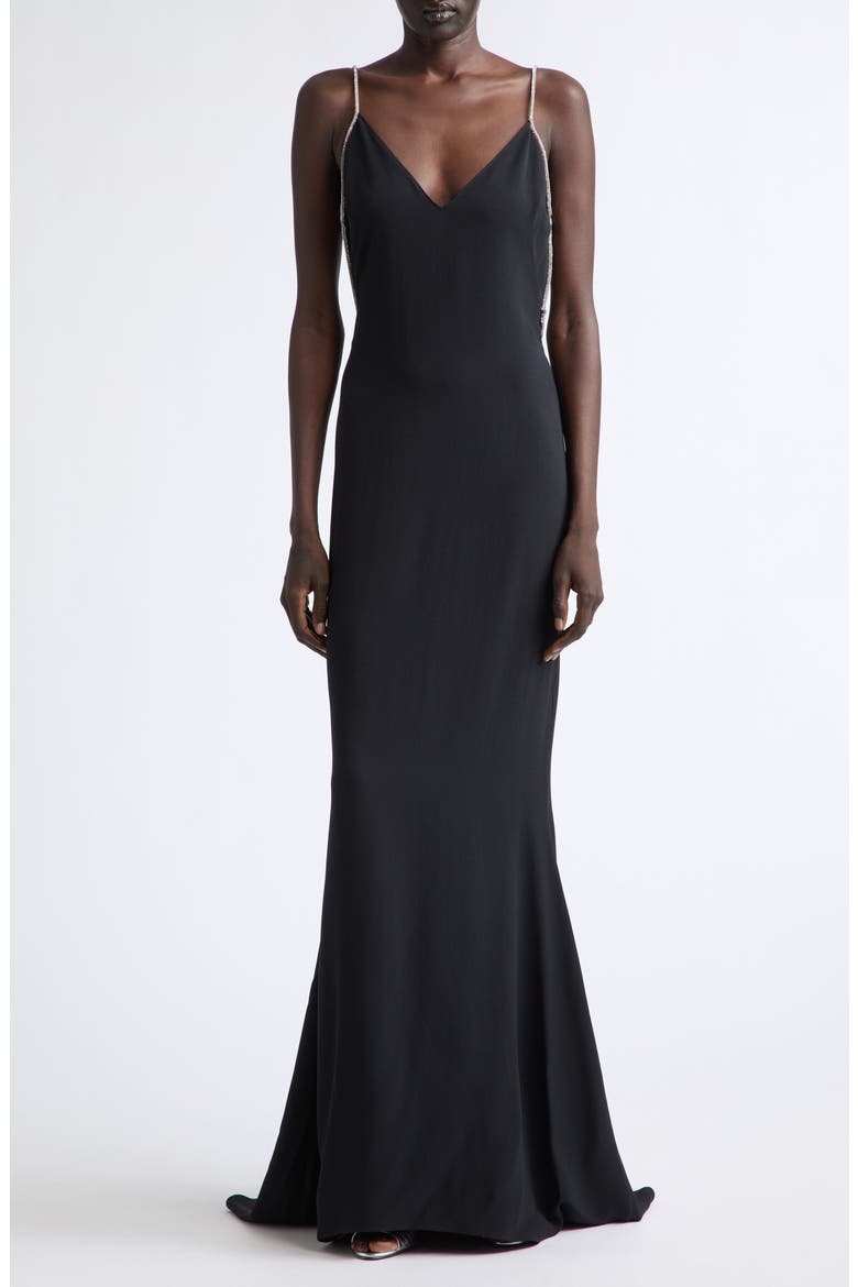 Crystal Chain Strap Open Back Satin Gown, Main, color, BLACK/ CRYSTAL