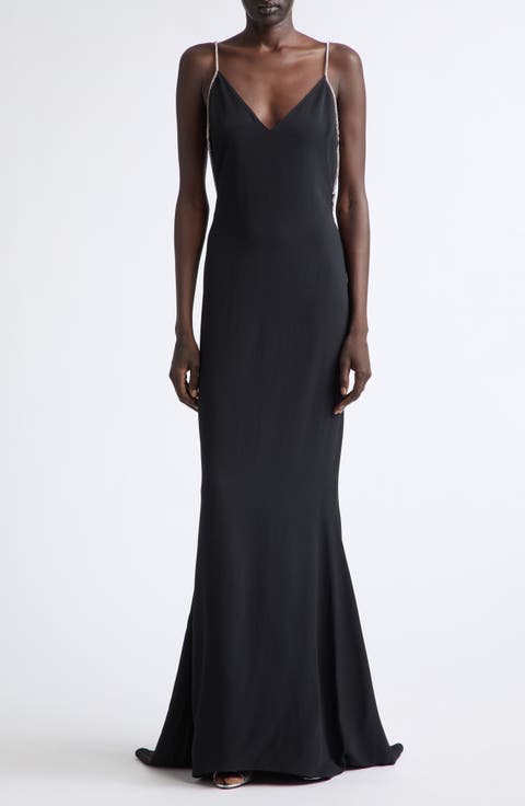 Crystal Chain Strap Open Back Satin Gown