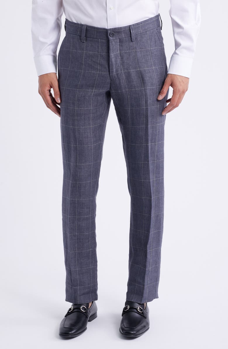 Berle Windowpane Check Linen Pants, Main, color, Coal