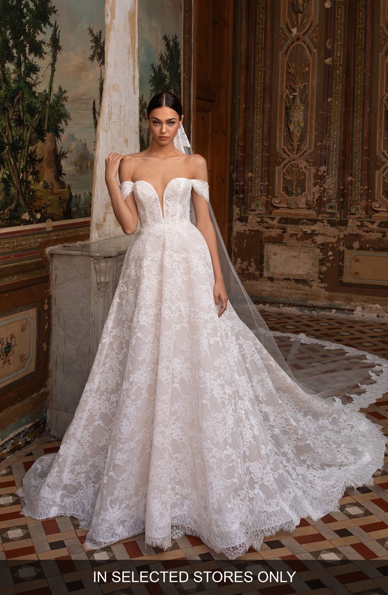 Pronovias Superba Lace Off the Shoulder Ballgown Wedding Dress, Main, color, 