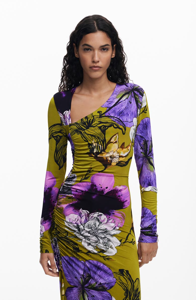Desigual Floral Print Long Sleeve Midi Dress, Alternate, color, Olive Green