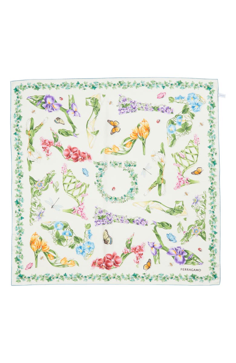 FERRAGAMO Eden Print Silk Scarf, Alternate, color, Avorio/ Azzurro