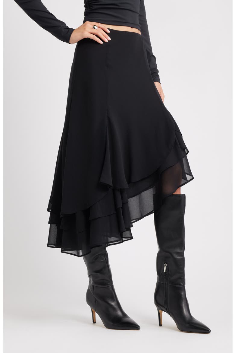 Layered Asymmetric Chiffon Midi Skirt, Alternate, color, BLACK
