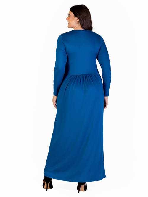 24seven Comfort Apparel Long Sleeve Empire Waist Pocket Maxi Dress In Blue