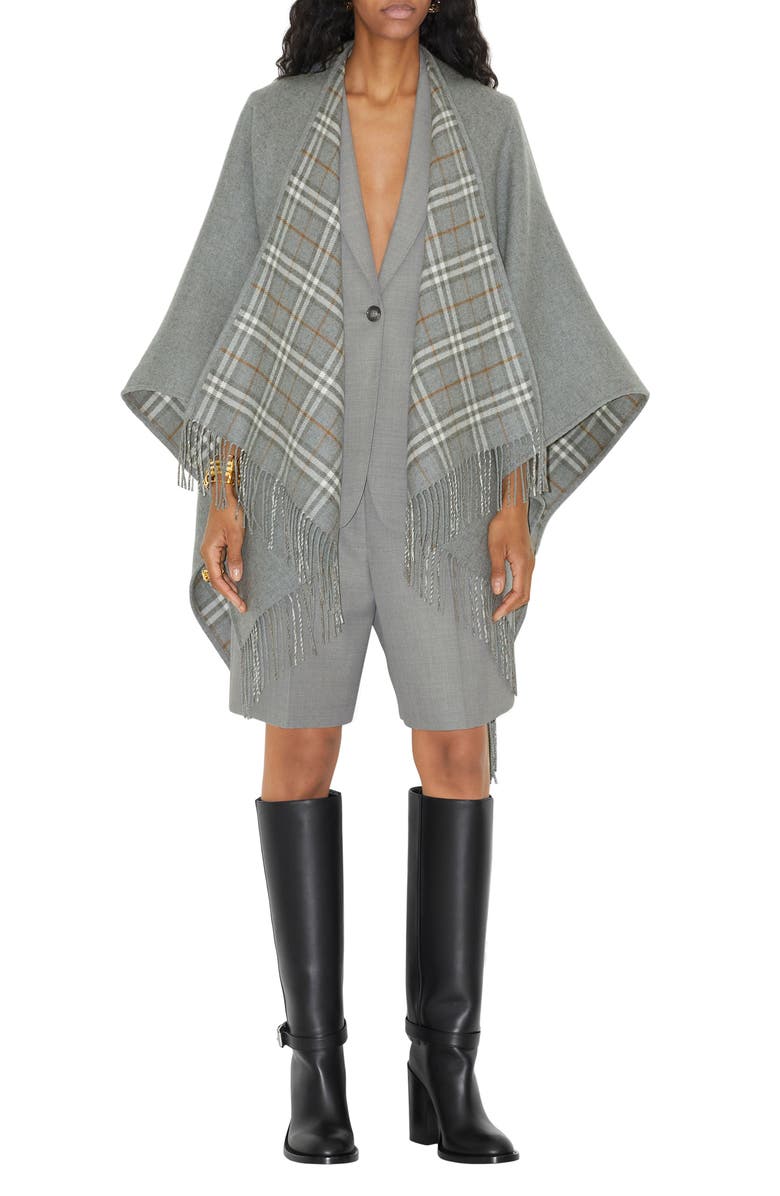 Burberry Vintage Check Wool Cape, Alternate, color, Grey