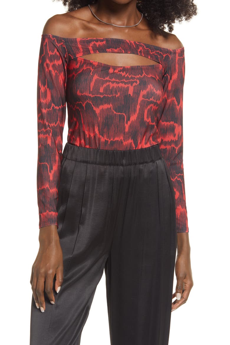 Off the Shoulder Cutout Top, Main, color, RED BLOOM ANIMAL CAMOUFLAGE